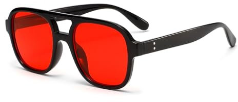 Retro-Sonnenbrille für Damen, Herren, klassisch, 70er, Vintage, Trendy Aviator, quadratisch (Schwarz/Rot)