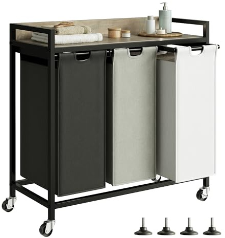 Herture Wäschekorb 3 Fächer, 180L Wäschesammler mit Rollen & verstellbaren Füßen, herausziehbare Wäschesäcke, stabile Ablage, Wäschetrenner für Bad, Schlafzimmer & Waschküche, Grau PF04XLZ