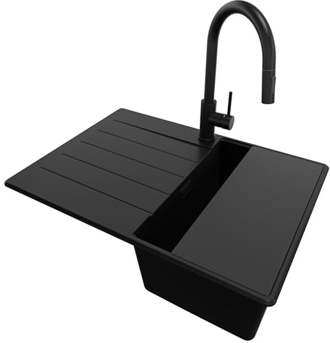 PRIMAGRAN Granitspüle ab 40er Unterschrank + Küchenarmatur, 70x50cm | Set: Küchenarmatur BW9010 + Ablauf-Set + Schneidebrett + Spülbecken 1 Becken - Kopenhagen Top, Alles Schwarz