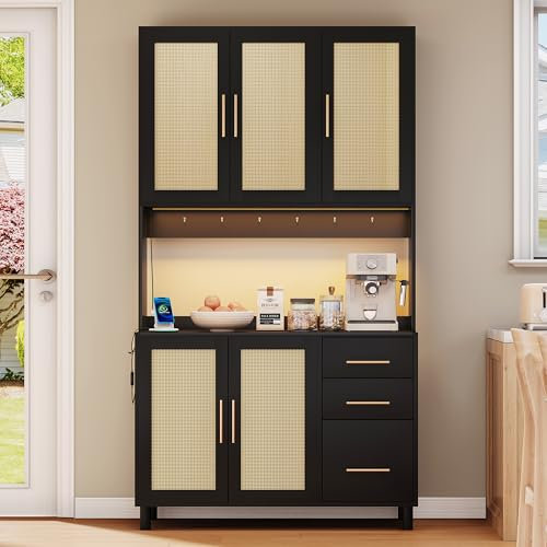 LARFOEK Armario de cocina con encimera, armario buffet con iluminación LED, aparador con 3 cajones, estantes ajustables, ideal para cocina, salón, comedor, 100 x 40 x 183 cm, color negro