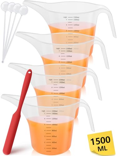 4 Pack 1500ml/50oz Long Spout Funnel Pitcher with Stirring Rods – Measuring Cups for Resin, Paint, Epoxy, Crafts, Soap Making, Durable and Easy to Pour, Great for Mixing, Measuring, Transfer Tasks