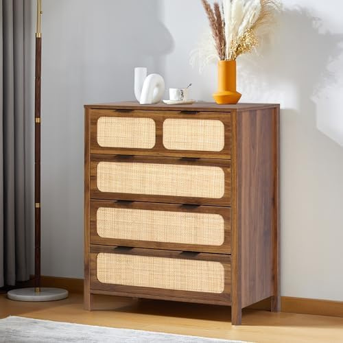 Moderne Kommode aus Rattan mit Vier geräumigen Schubladen und Metallgriffen; rustikaler Aufbewahrungsschrank aus Holz, geeignet für Schlafzimmer, Wohnzimmer und Eingangsbereiche. (Rechtwinklig)