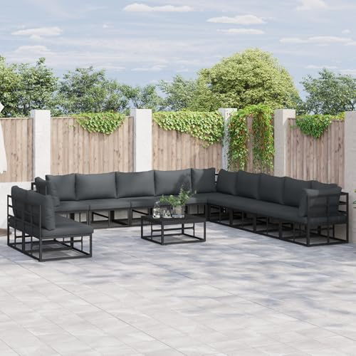 JHQHSM Modulares Garten Sofa Set 11-teilig Schwarz Aluminium Outdoor Möbel für Terrasse, Wetterfeste Polster, Erweiterbares Design, Langlebig und Modern, Bequeme Sitzgruppe