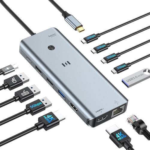 Selore USB-C Laptop Docking Station, Dual Monitor | 2 HDMI (4K@60Hz), RJ45 Ethernet, 4 USB-C 3.0 (5Gbps), 2 USB-A 3.0 (5Gbps), 2 USB-A 2.0 (480Mbps), 100 W PD für Dell/HP/Lenovo