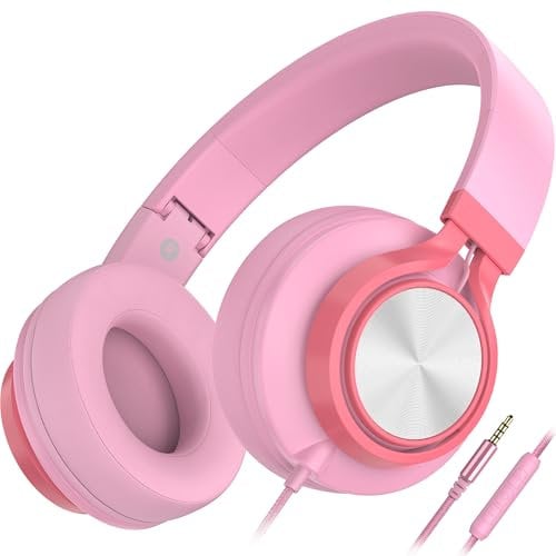 AILIHEN C8 Kopfhörer mit Kabel und Mikrofon, faltbar und verstellbar, On-Ear-Headsets, Lautstärkeregelung, HD-Stereo-Sound, 3,5-mm-Klinkenstecker für Chromebook, Laptop, Smartphone(Rosa)