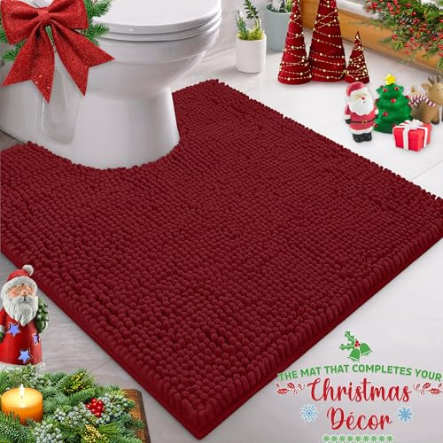 LuxUrux Bath Mat, U-Shaped Contoured Rug for Around Toilet, Super Absorbent Shaggy Bath Rug. Machine Wash & Dry (20 x 20 inch, Maroon)