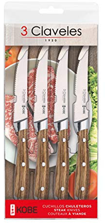 3 Claveles - Set 4 Cuchillos Chuleteros Kobe, Cranberry, de 11,5 cm - 4,5 cm, mango madera de castaño, filo dentado, cuchillos de mesa en acero inoxidable