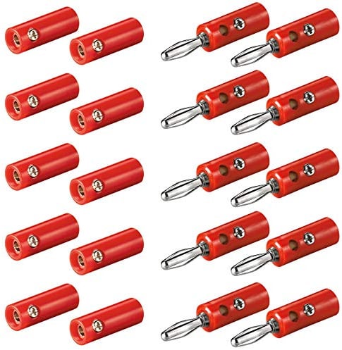 10x Bananenstecker Buchse Set | 4mm | Stecker und Buchse | mit Schraubverschluss | für Lautsprecherkabel AV-Receiver Verstärker | Bananas Banana Lautsprecher Boxen Audio HiFi Kabel | Rot | 10 Stück
