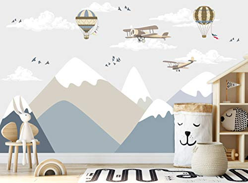 Papier peint photo – Montagnes et avions – Papier peint photo pour chambre d'enfant – Décoration murale (366 x 254 cm) – Poster géant en papier – Colle gratuite pour chambre de garçon