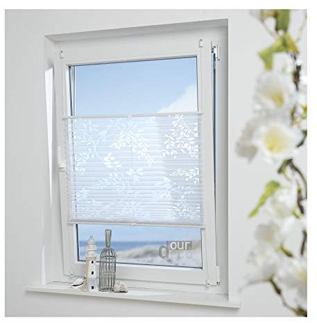 ourdeco® Plissee Ausbrenner / 90 x 130 cm (Breite x Höhe) / Farbe: weiß; lichtdurchlässig, Motiv Ranke Blatt/Klemmen, Montage ohne zu Bohren, Klemmfix-Plissee, Easy-to-fix