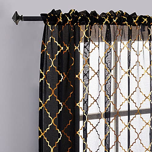 YJ YANJUN Black Sheer Curtains 108 inches Long, Gold and Black Curtains with Grid Pattern, 2 Panels, 52x108 inch