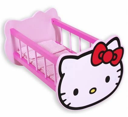 Berceau en Bois Rose pour poupée 44,5 x 29 x 25 cm + Oreiller et Couverture - lit à Bascule pour Poupon - Collection pour Hello Kitty - Accessoire