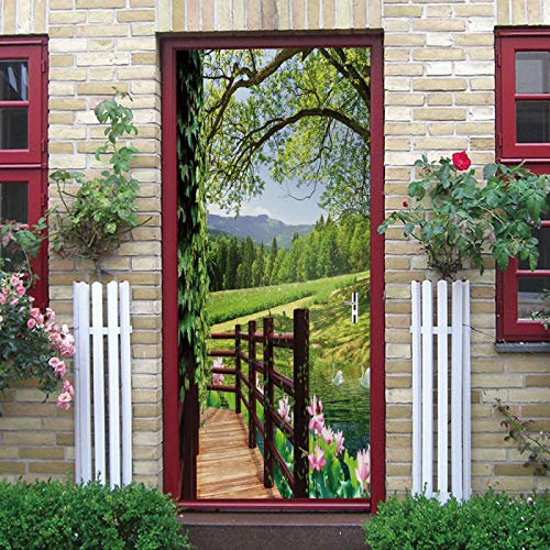 LuSeven türaufkleber Grün Pflanzen Zaun See 90x215cm(35.43 inches * 84.64 inches) 3D Bewirken Fototapete Türfolie Poster Tapete Abnehmbar Wandtapete für Wohnzimmer Küche Schlafzimmer