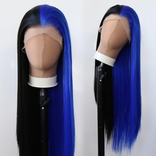 Towarm Halbschwarz und hellblau, mittelteilig, synthetische Lace-Front-Perücke für schwarze Frauen, lang, gerade, handgebundene Cosplay-Perücke (gerade, schwarz und blau)