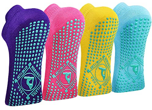 HYCLES Anti-Rutsch-Socken Damen - 4 Paar Yoga, Pilates, Barre, Tanz, Ballett, Trampolin, Krankenhaus Naturgelb+Blau+Rose+Lila 41-43