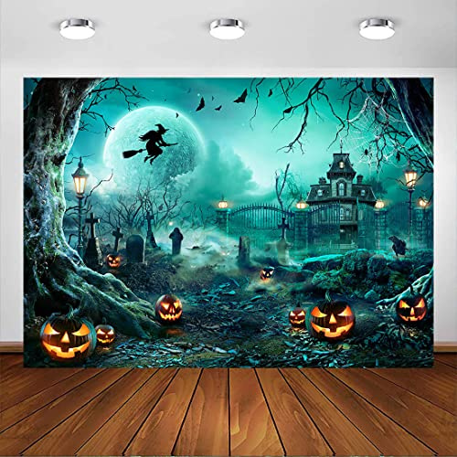 Avezano Halloween Photography Backdrop Horrible Pumpkin Graveyard Full Moon Night Backdrop for Children Kids Magic Witch Sorcerer Tombstone Party Decor Banner Photoshoot Booth Props (7x5ft, green)