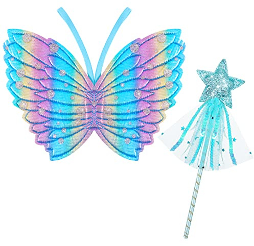 Dacitiery Kids Girls Fairy Wings and Wand Fairy Costume Outfit for Girls | Butterfly Wings Magics Wand Glitter Fairy Dress Up Fancy Costume for Girls Party