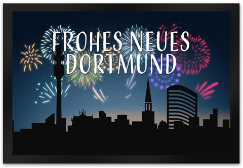 speecheese Frohes Neues Dortmund Fußmatte XL in 40x60 cm Fußabtreter mit Skyline von Dortmund und Feuerwerk als Silvesterdekoration Neujahr mit Stadtname