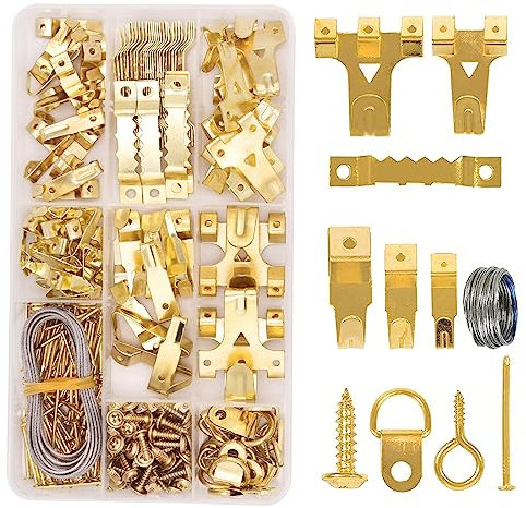Yuknees Bilderhaken-Set, Metall, Gold, 282 Stück, Nagel, Genagelt, für Gipskartonplatte, bis 22 kg, geeignet für Bilderrahmen, Uhren, Küchenutensilien, Kleidung, Schlüssel & Dekorationen