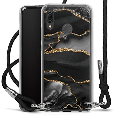 DeinDesign Carry Case kompatibel mit Huawei P Smart 2019 Hülle mit Band Handykette zum Umhängen schwarz Marmor Muster Glitzer Look
