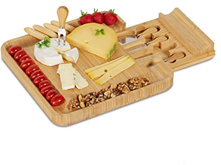 Relaxdays Plateau Fromage avec Lot de Couteaux, HxLxP: 4 x 33 x 33 cm, Planche Bambou avec tiroir, 4 Couverts, Nature