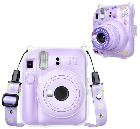 HIYQIN Hard Clear Camera Case Compatible with Fujifilm Instax Mini 12, Instant Mini 12 Clear Cover with Adjustable Shoulder Strap and DIY Sticker (Clear+Purple)