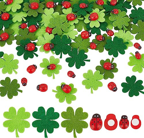 OLYCRAFT 40 Stück hölzerne Selbstklebende Marienkäfer mit 60 Stück Vierblättriges Kleeblatt Glückskäfer Vierblättriges Kleeblatt Glücksbringer Marienkäfer für Der Heilige Patrick Dekorationen