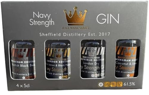 Sheffield Distillery, Hallmark Navy Strength Gin London Edition, 61.5% ABV, Gift Set, Made With Sicilian Lemons And Black Peppercorns In Copper Pots, For Gin Lovers, Proudly Made In England, 4 x 5cl
