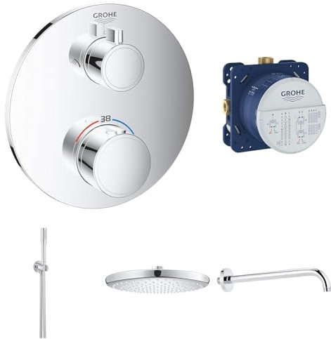 GROHE Set doccia incasso rotondo installazione con miscelatore termostatico, braccio doccia, soffione, doccetta, cromo