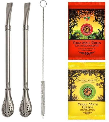 Yerba Mate Tee mit Bombilla Set | Edelstahl-Strohhalm für Mate Tee (x2) 19cm | Filtration für Mate mit viel Staub | leicht zu reinigen