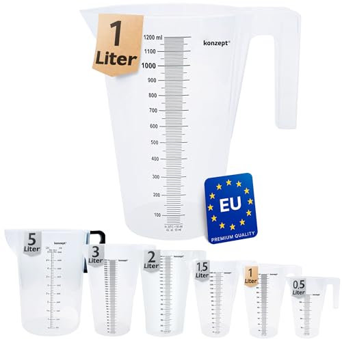 KONZEPT Gobelet gradué 1 litre, Différentes tailles au choix, Idéal pour la cuisine, le jardin, l'atelier, Transparent, Plastique robuste, Mesure au litre empilable