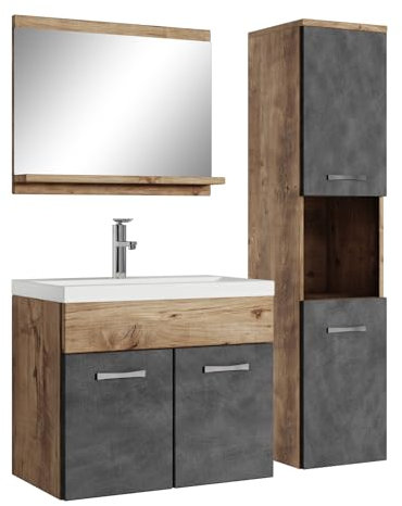 Badezimmer Badmöbel Set Montreal 60cm Waschbecken Kastanien Eiche mit Dunkle Grau - Unterschrank Hochschrank Waschtisch Möbel