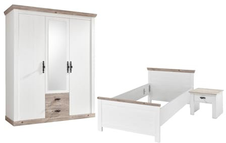 Furn.Design Schlafzimmer komplett Set in weiß Pinie und Oslo Pinie Landhaus Komplettzimmer mit Einzelbett, Kleiderschrank und Nachttisch im Landhaus Stil Kinderzimmer Jugendzimmer Rovola (Set 3)
