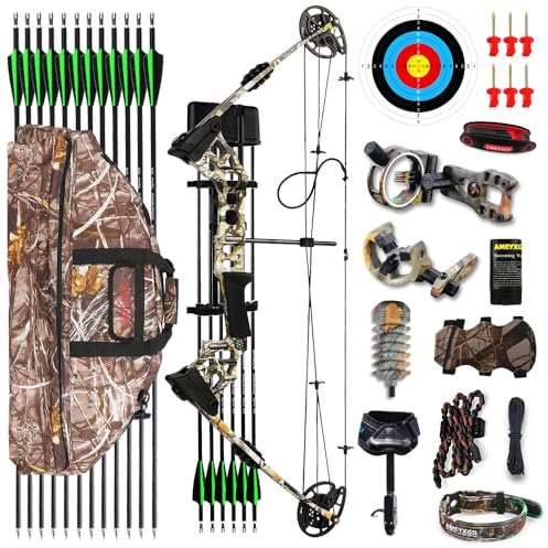 Bogenschießen Compound Bogen Kit für Erwachsene Anfänger RH/LH 20-70LB Draw Weight Einstellbar Jagdbogen 24-30 IBO 320 FPS (Camo, Linke Hand)