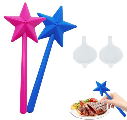 2Pcs Salt and Pepper Shakers Fairy Wand Salt Shakers,Stars Stick Spice Dispenser with 3 Holes and Small Funnel Seasoning Container Tools Kitchen Supplies for BBQ Camping Home Restaurant