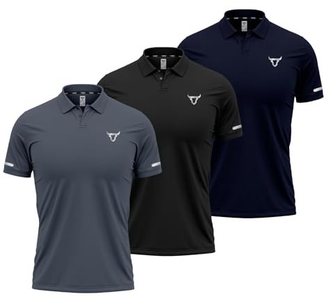 TORO ACTIVA Pack of 3 Mens Polo T Shirt Breathable and Lightweight Quick Dry 3 Button Ribbed Collar Comfortable Short Sleeve Polo Shirt