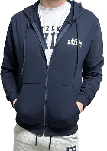 XTREME BOXING - Felpa in Cotone Leggero Full Zip e Cappuccio, con Tasche, Felpa della Tuta Uomo in Cotone, Sportiva, Casa, Palestra, Jogging, Tempo Libero XF200Z (XXL, Blu Navy)