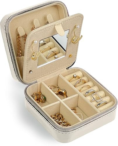 HomeGadget Estuche de viaje para joyas con espejo - [regalo ideal para mujeres] - Caja de joyas de cuero sintético con cremallera - Organizador de joyas - Blanco