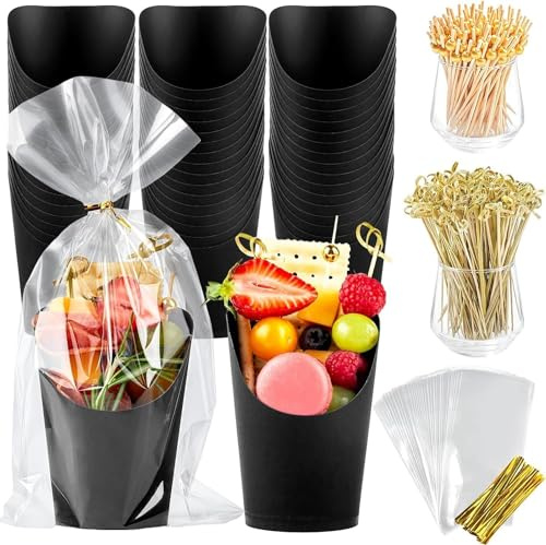 MCHERRY 50 ensembles de tasses de charcuterie de 414 ml, jumelés avec des bâtons, papier noir, gobelets jetables pour apéritifs de fruits (50 tasses + 200 cocktails avec épines + 50 sacs) (noir)