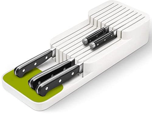 Knife Organiser, Kitchen Knife in-Drawer Organizer for 9 Knives, Compact Durable Safety Space-Saving, Washable Drawer Knife Holder Block Organiser for Knife Set Storage, White