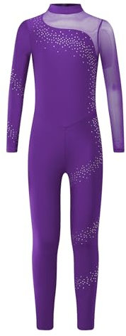 Miutii Turnanzug Mädchen Langarm Gymnastikanzug Glitzer Ballettanzug Kinder Ganzkörper Trikot Eiskunstlauf Body Sport Overall Jumpsuit Lila 134-140