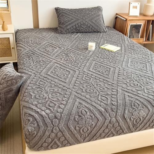 Odot Plüsch Spannbettlaken, Europäisch Stil Jacquard Spannbetttuch Elastisch Weich Atmungsaktiv Spannleintuch Knitterfrei Spannbetttücher für Einzelbett Doppelbett (Dunkelgrau,180x200+25cm)