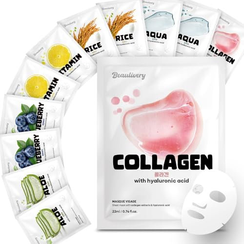 BEAULIVERY 12 Pezzi Maschera Viso Coreana con Acido Ialuronico, set maschere viso coreane, maschere per il viso Idratanti