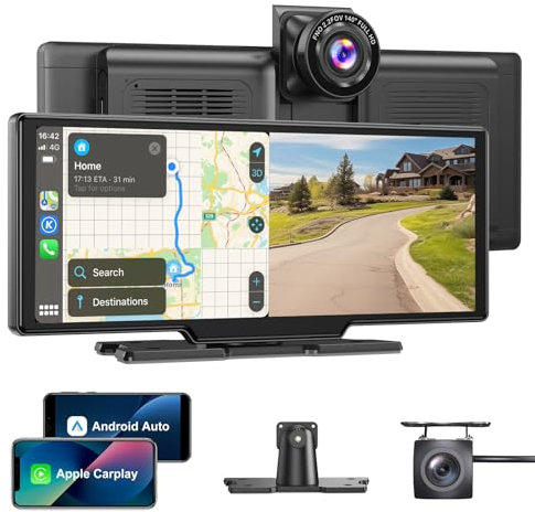 ESSGOO 10.26 IPS CarPlay Screen for Cars, Wireless A-pple CarPlay & Android Auto, 4K Front Dash Cam, 1080P Rearview Camera, Bluetooth 5.0, FM, Voice Assistant, 64GB TF Card Support, AUX