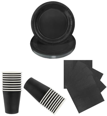 LAWALEISHE 72pcs Black Party Tableware Set, Disposable Black Paper Plates, Cups and Napkins, Solid Color Paper Tableware for Weddings, BBQ and Birthday Parties, Table Decorations