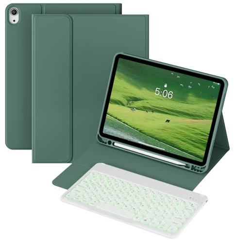 KVTVOU Funda con teclado para iPad Air de 4ª y 5ª generación de 10,9 pulgadas para iPad Air de 11 pulgadas 2025/2024 (M3/M2) Teclado inalámbrico recargable, 7 colores de iluminación, diseño alemán