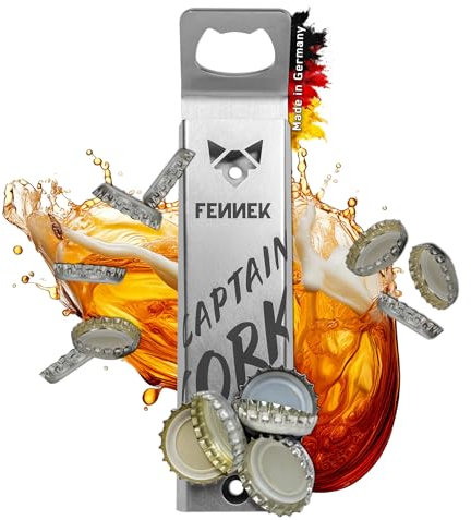 FENNEK Captain Cork | Wand-Flaschenöffner | Integrierter, superstarker Magnet für bis zu 40 Kronkorken | Einfache Befestigung mit Klebeband oder Schrauben | aus Edelstahl | Made in Germany