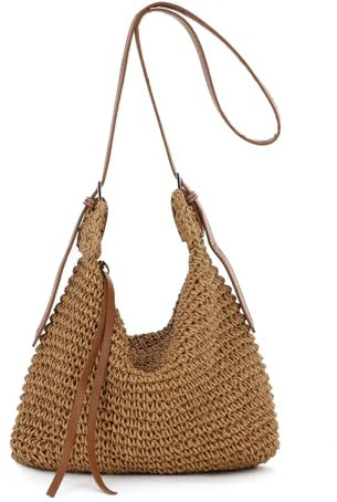 EVEOUT Sac bandoulière en Paille pour Femme Boho Sac d'été Léger en Raphia Tissé avec Sangle Réglable pour Plage Vacances(Marron)