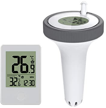 Thermomètre de Piscine Numérique Flottant Facile à lire, Thermomètre de Piscine sans Fil Étanche IP68, Thermomètre Piscine Flottant avec Récepteur Radio LCD pour Aquariums, Baignoires, Étangs