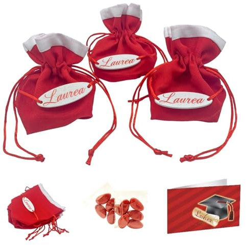 Doni Bomboniere Set Laurea 12 Sacchettini Portaconfetti Cotone Rosso con Etichetta Bianca con Scritta Laurea 12 Bustine Confetti Cioccolato 12 Bigliettini Personalizzabili Regalo Celebrazione Gadget